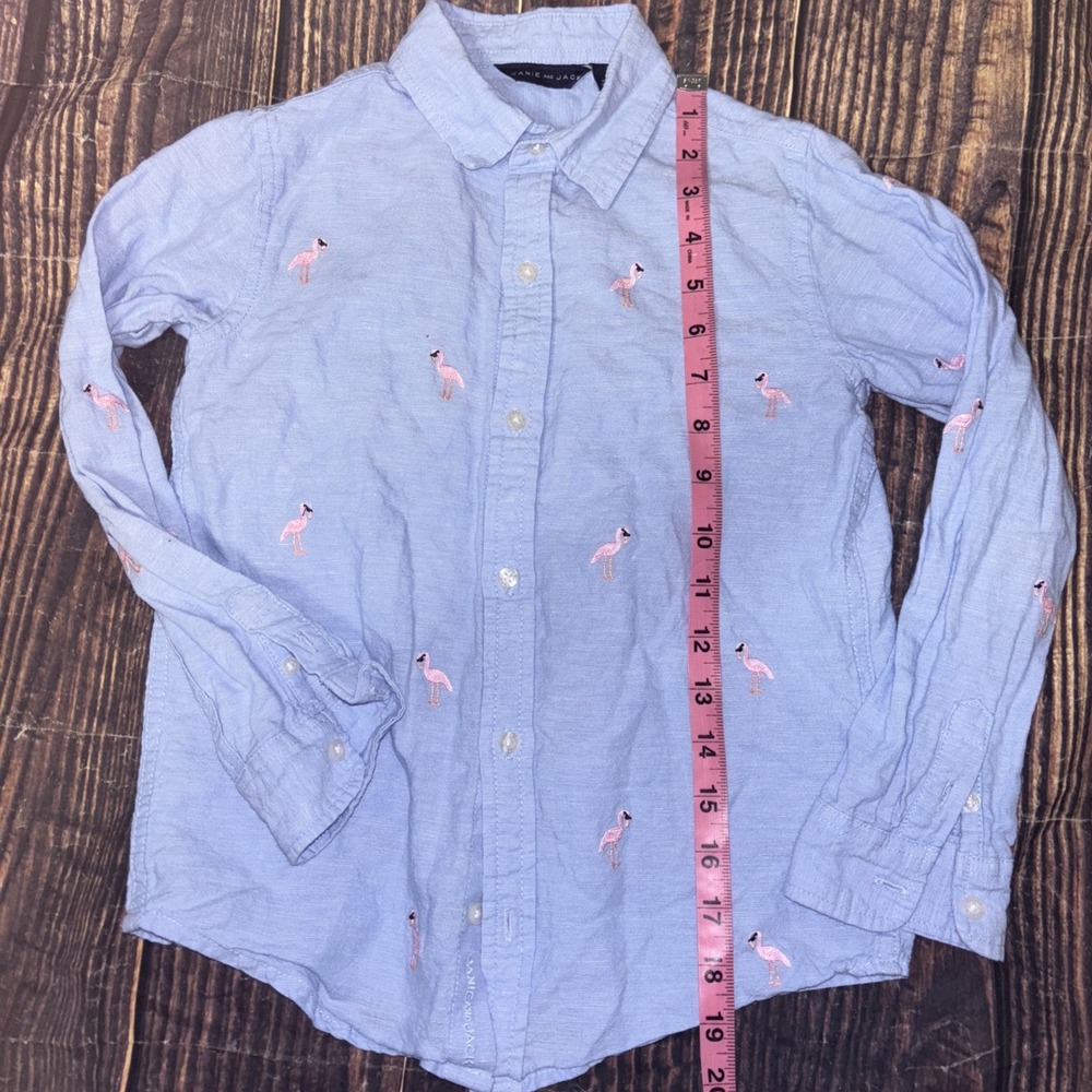 Janie and Jack Blue Linen Blend Button Down with Embroidered Flamingos Boys 7 - Picture 4 of 5